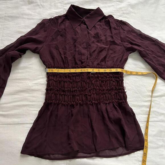 Moda international sheer silk Burgundy Y2K ruffle waist blouse long sleeves - Picture 7 of 8